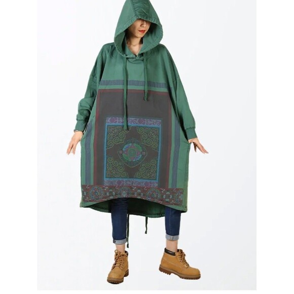 YESNO Long Hooded Sweatshirt Green Ethnic Pattern Drawstring Pullover One Size - Picture 13 of 13